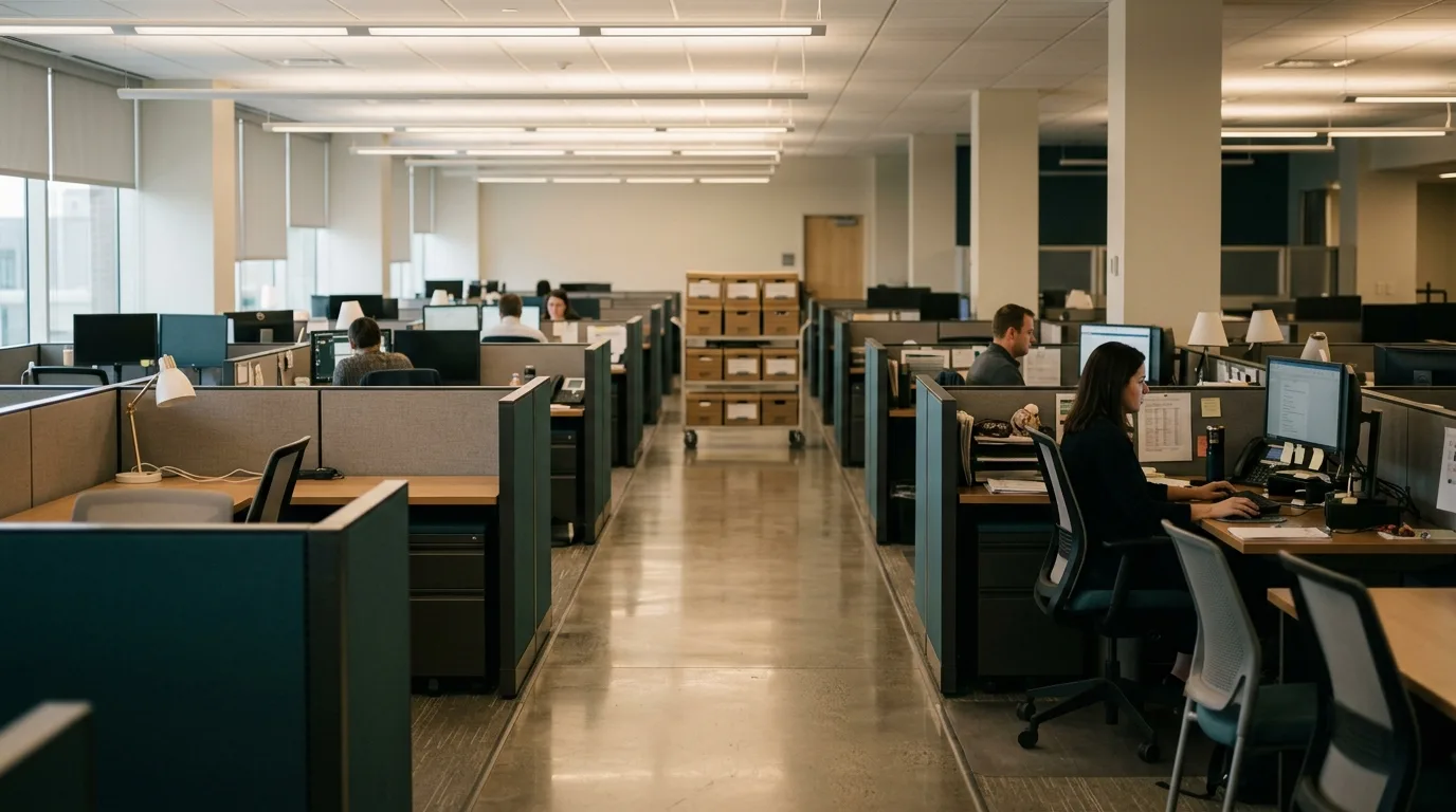 A wide view of a shared office with rows of low-partition desks, some empty chairs, and a cart of file boxes at the end of the aisle.